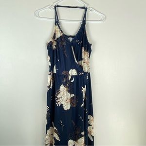 ININ Womens Small V Neck Casual Maxi Dress Floral Wrap Split Front Blue Beige